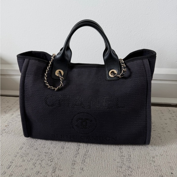 CHANEL Handbags - CHANEL Black Canvas Small Deauville Tote